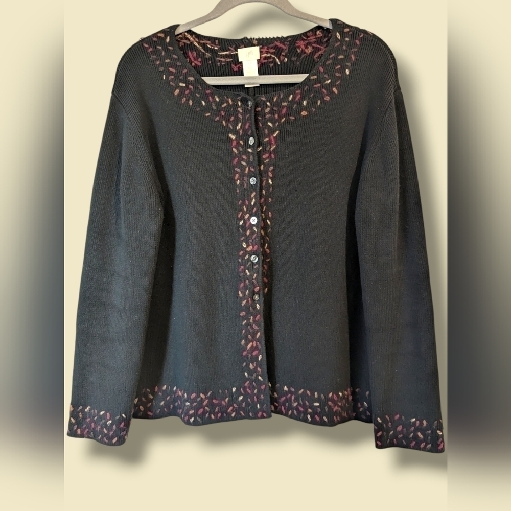 J. Jill Vintage Black Embroidered Long Sleeve Button-Up Thick Cardigan Sweater M